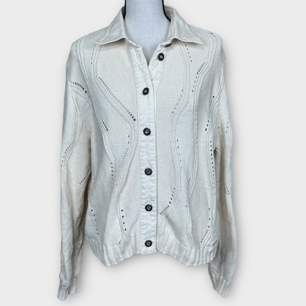 BLUE WILLIS Womens L Cream Cotton Knit Button‎ Front Collared Cardigan Sweater L